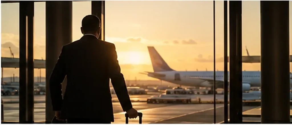 A business traveller at an airport terminal window, illustrating travel risk management