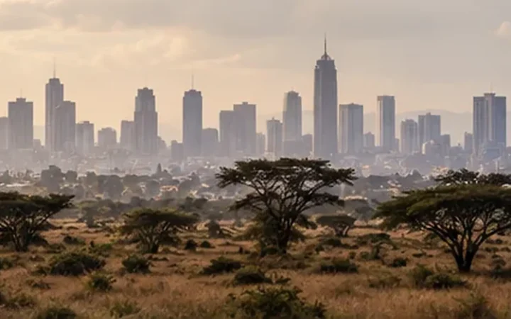 Nairobi skyline seen across acacia trees, Kenya