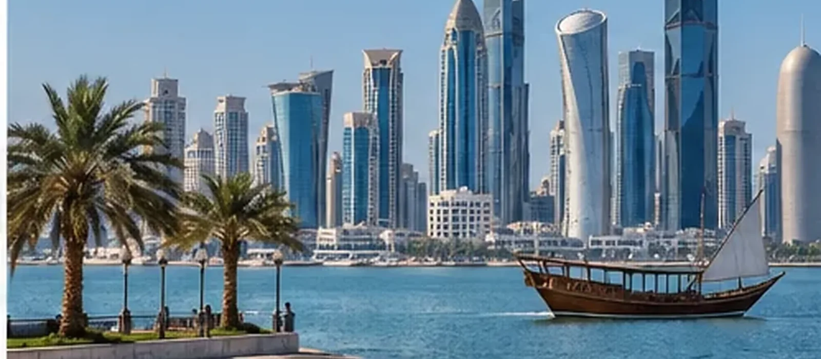Doha waterfront skyline with a traditional dhow