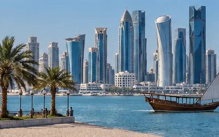 Doha waterfront skyline with a traditional dhow