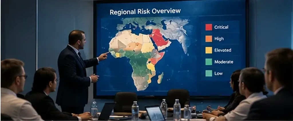 A presenter leading a risk management briefing in front of a regional map
