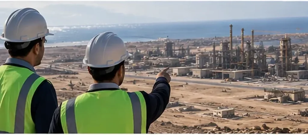 Two people in safety helmets reviewing an industrial site during a security risk assessment